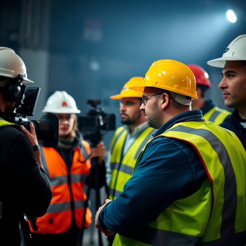 Equipo de seguridad en un set de rodaje, incluyendo cascos y chalecos reflectantes.