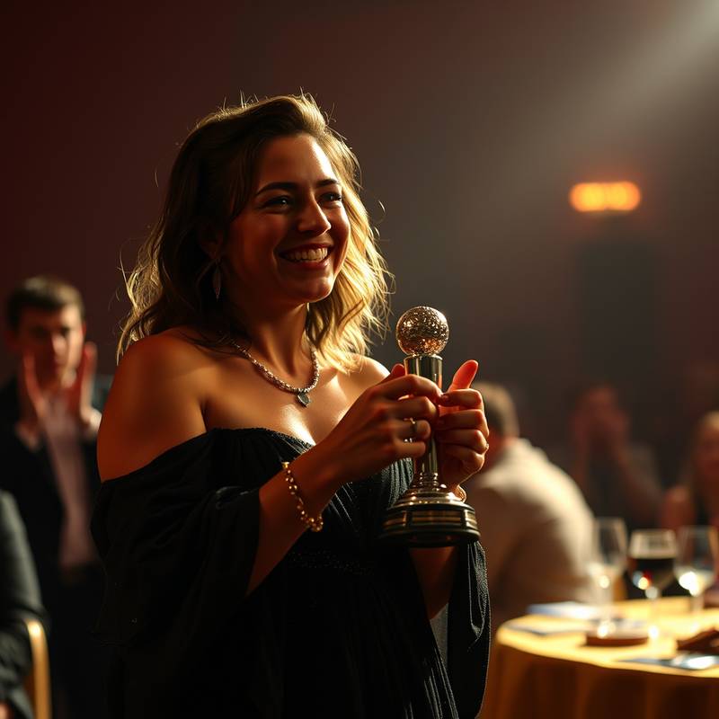 Fotografía de Elena Fernández recibiendo un premio por su contribución a la industria cinematográfica en 2018.