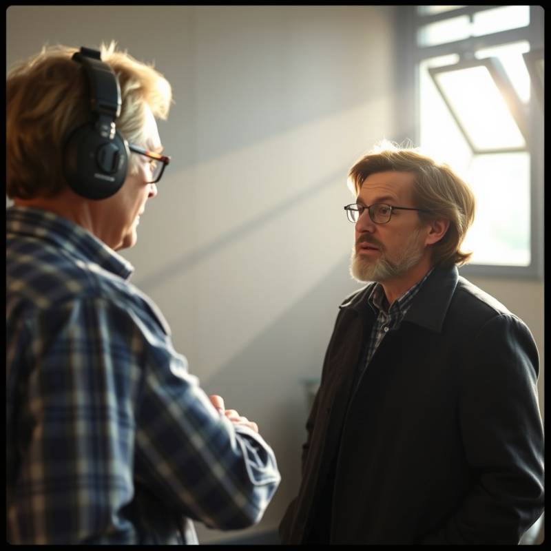 Imagen de un director hablando con un actor durante una audición para una película.