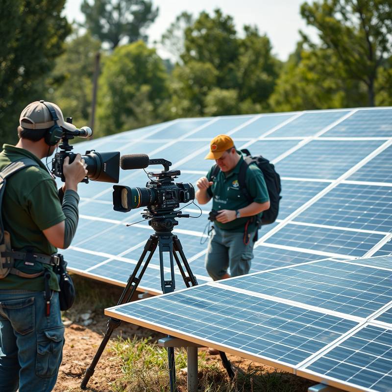 Imagen de un equipo de rodaje trabajando en un entorno natural, con equipos de energía solar.