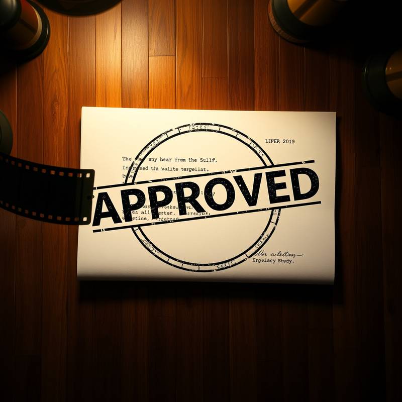 Imagen de un guion cinematográfico con un sello de 'APROBADO' encima.