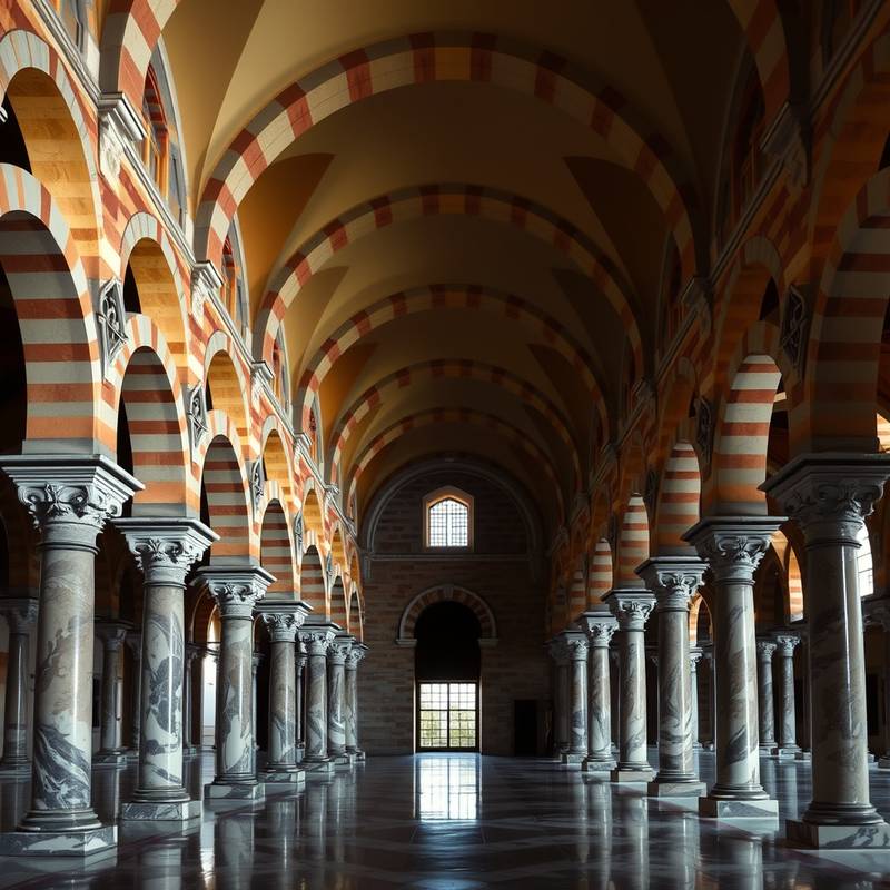 Interior de la Mezquita-Catedral de Córdoba, con sus arcos de herradura bicolores y columnas de mármol.