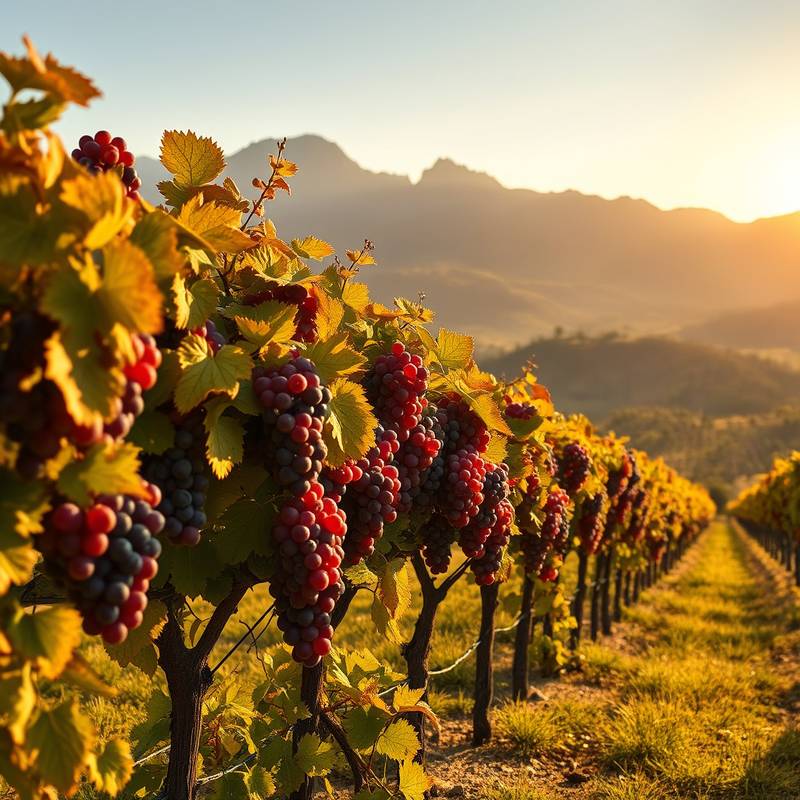 Paisaje de viñedos en La Rioja, con las montañas al fondo y las uvas madurando al sol.