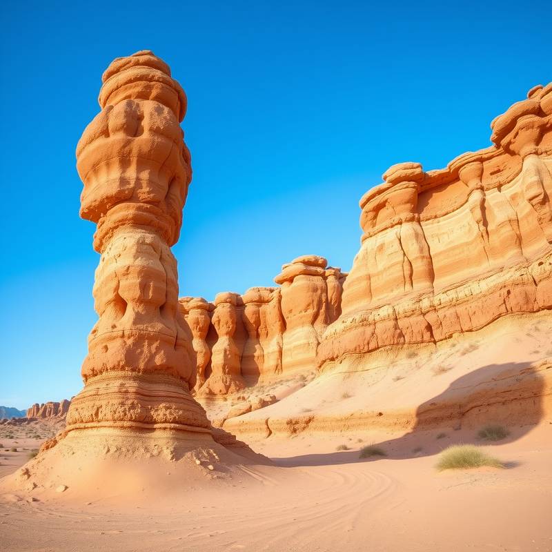 Paisaje desértico de las Bardenas Reales en Navarra, con formaciones rocosas erosionadas y cielo azul brillante.