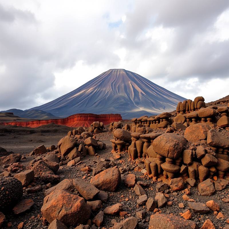 Paisaje volcánico del Parque Nacional del Teide en Tenerife, con el pico del Teide al fondo y formaciones rocosas de lava.