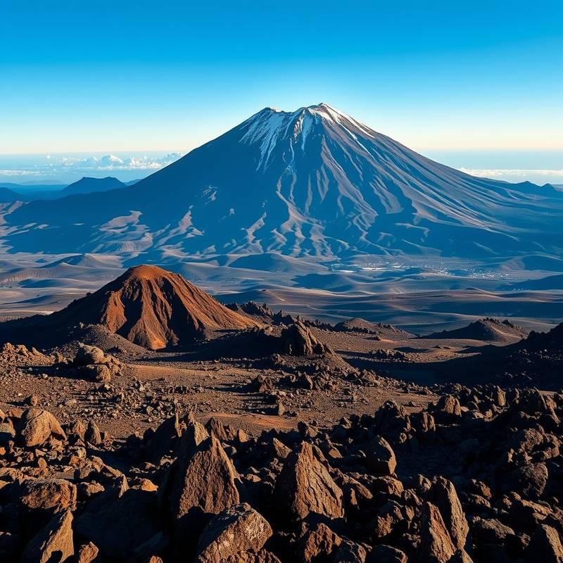 Paisaje volcánico del Parque Nacional del Teide en Tenerife, con el pico del Teide al fondo y formaciones rocosas de lava.