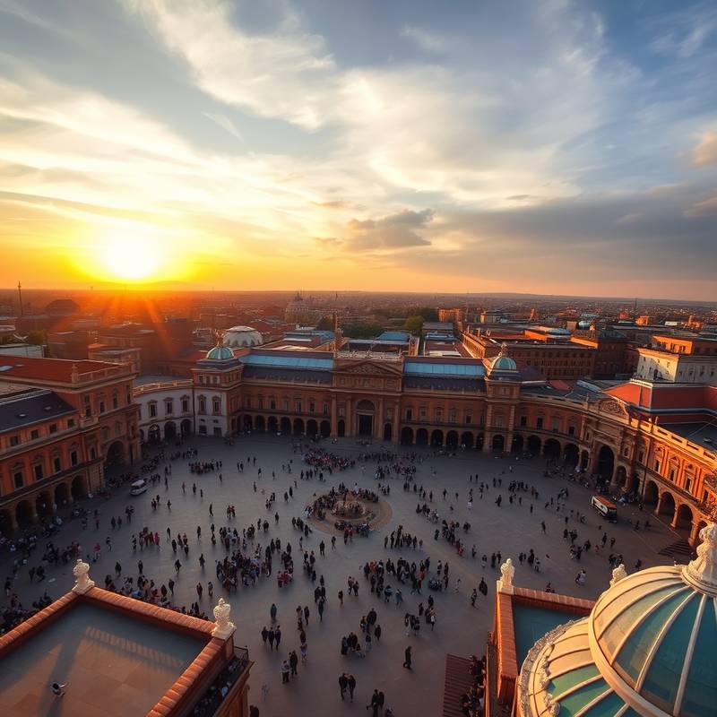 Vista aérea de la Plaza de España en Sevilla al atardecer, mostrando su arquitectura distintiva y la multitud de visitantes.