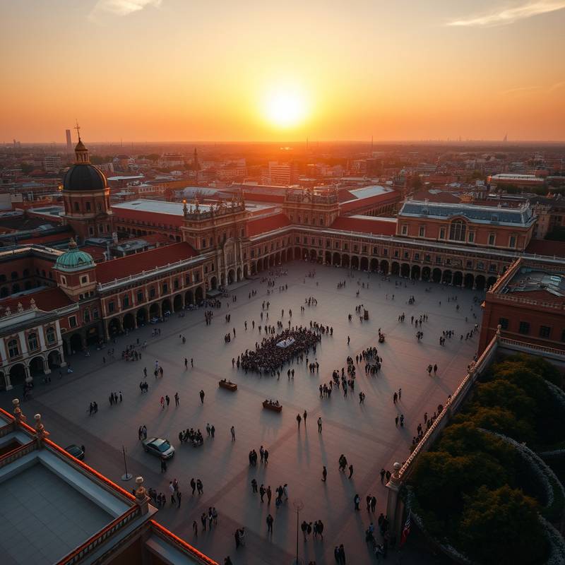 Vista aérea de la Plaza de España en Sevilla al atardecer, mostrando su arquitectura distintiva y la multitud de visitantes.