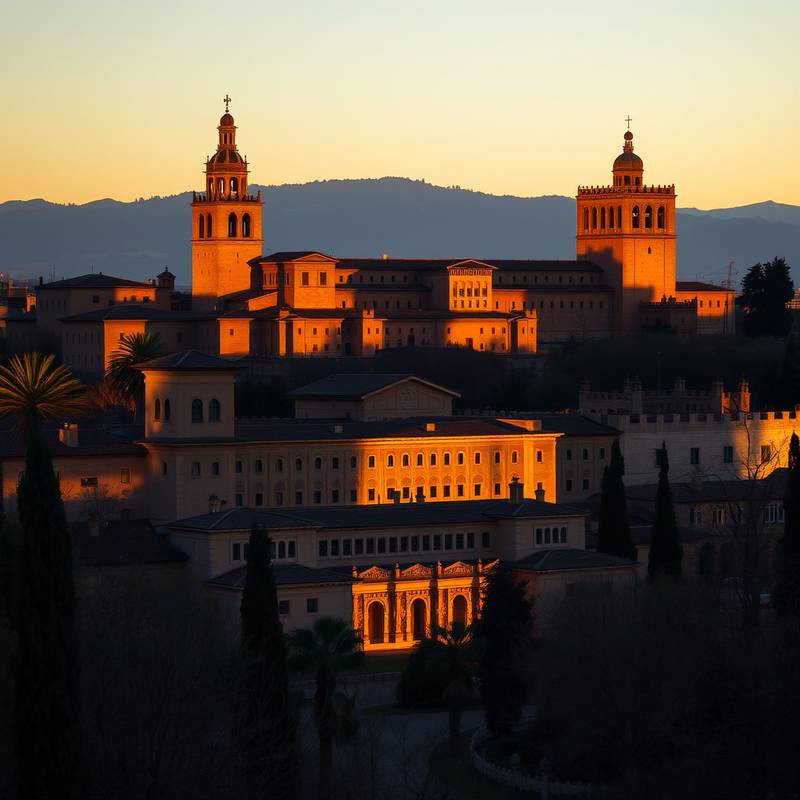Vista de la Alhambra de Granada al atardecer, un emblemático monumento andaluz.