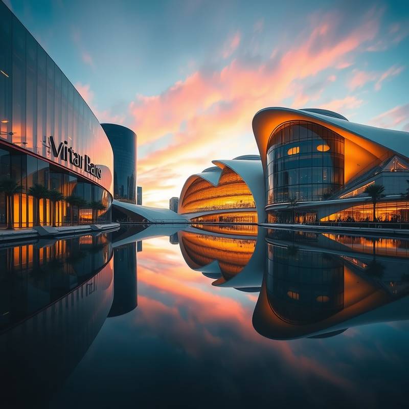 Vista de la Ciudad de las Artes y las Ciencias en Valencia, con su arquitectura futurista reflejada en el agua.