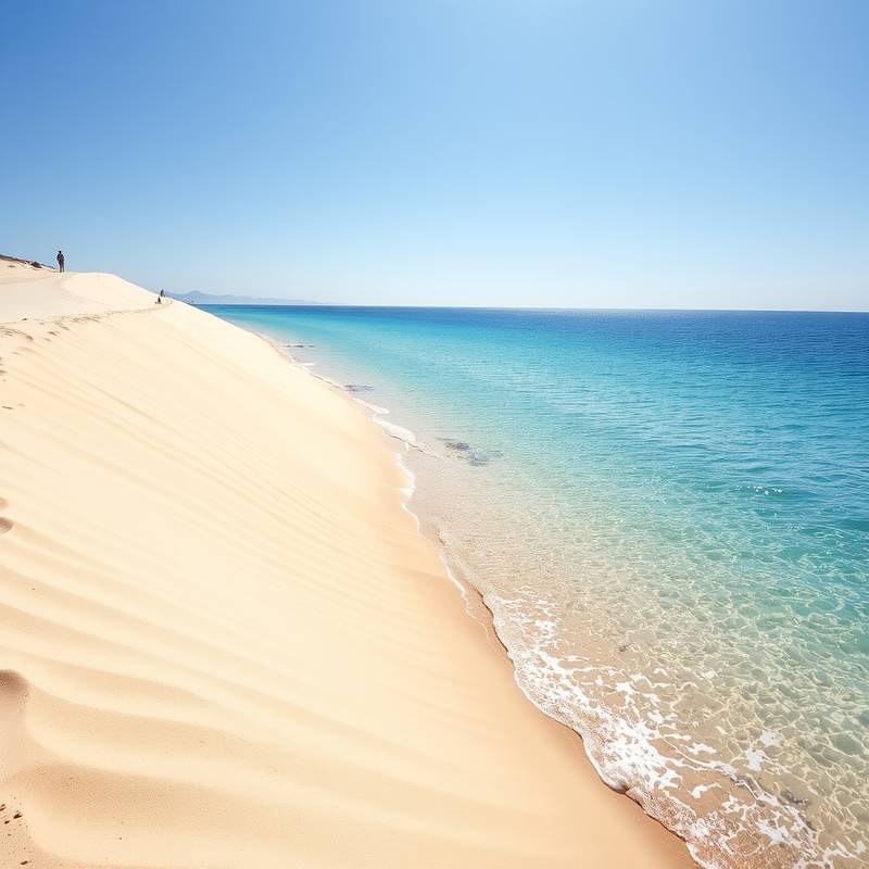 Vista de la Playa de Bolonia en Cádiz, con su duna de arena y aguas cristalinas.