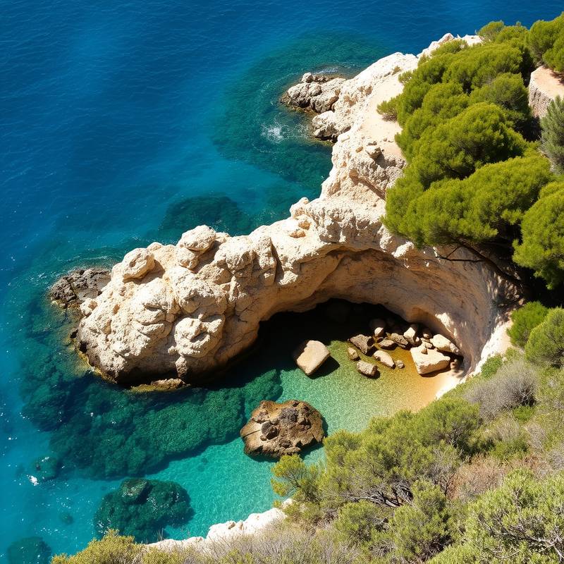 Vista de una cala rocosa en la Costa Brava, con aguas turquesas y vegetación mediterránea exuberante.