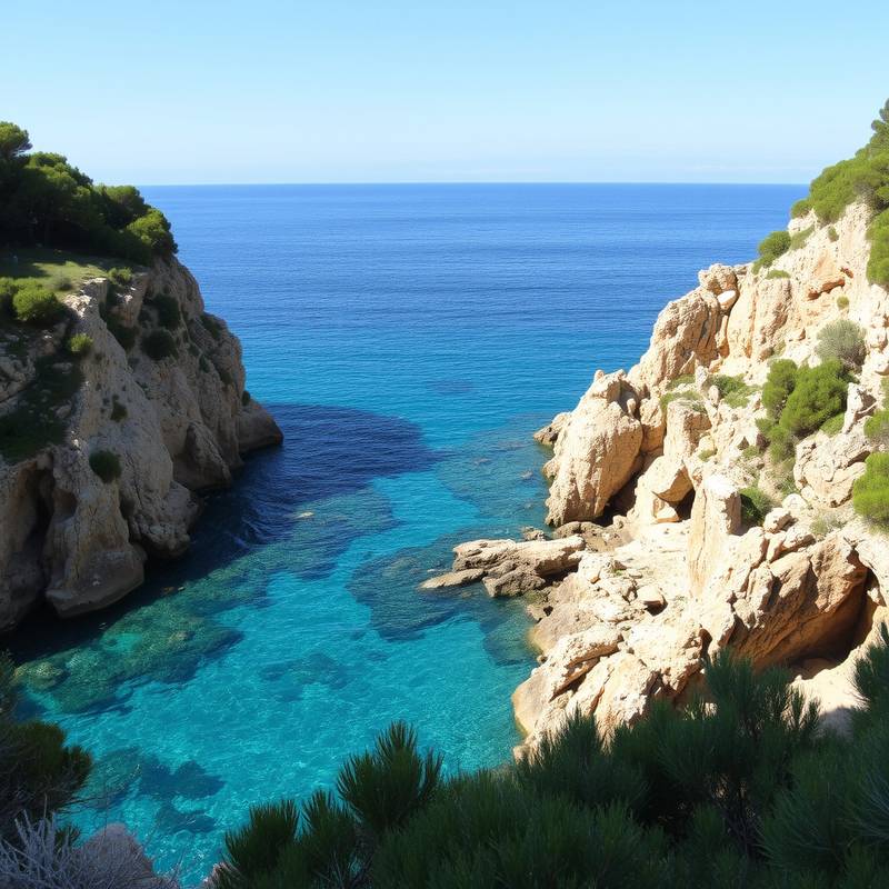 Vista de una cala rocosa en la Costa Brava, con aguas turquesas y vegetación mediterránea exuberante.
