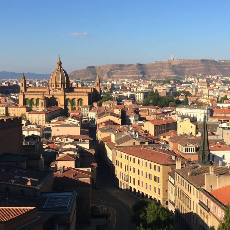 Vista panorámica del casco antiguo de Toledo, con sus estrechas calles empedradas y edificios históricos iluminados por la luz del sol.