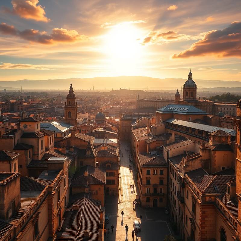 Vista panorámica del casco antiguo de Toledo, con sus estrechas calles empedradas y edificios históricos iluminados por la luz del sol.